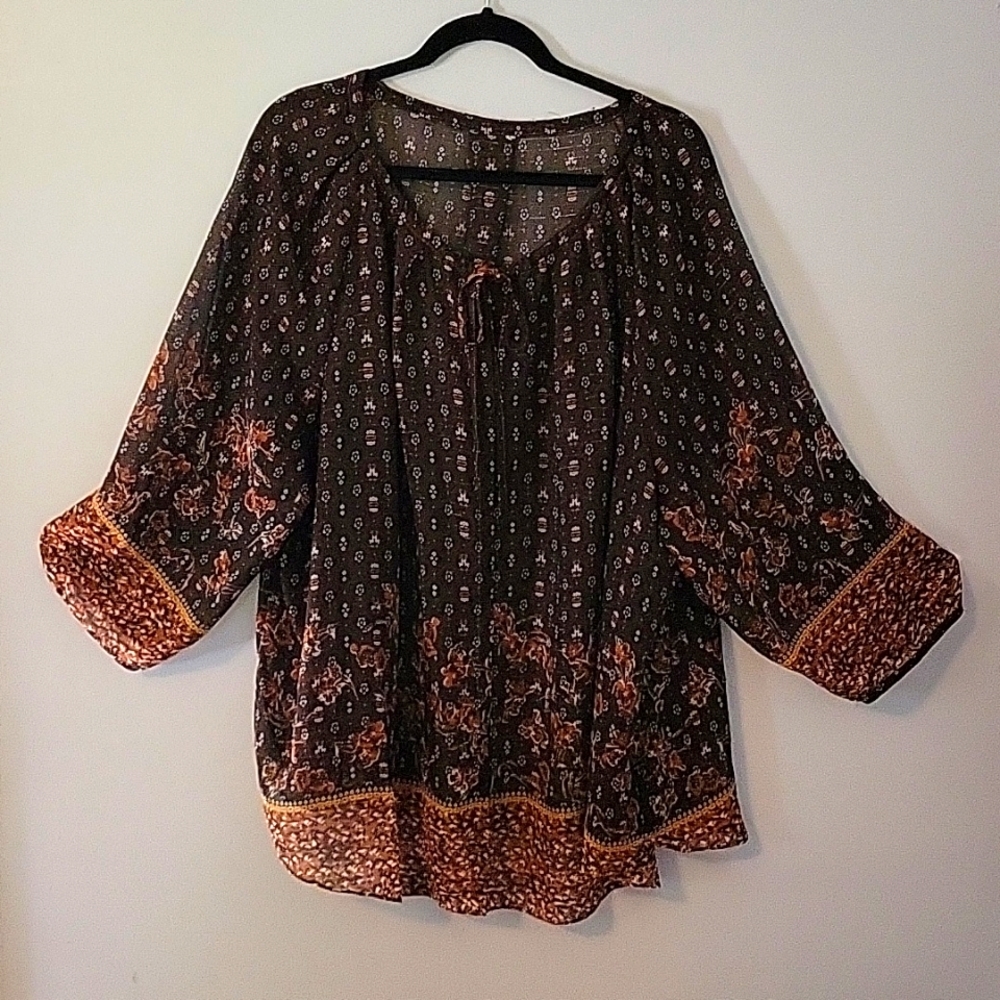 Black & Brown Sheer Print Blouse 3X
